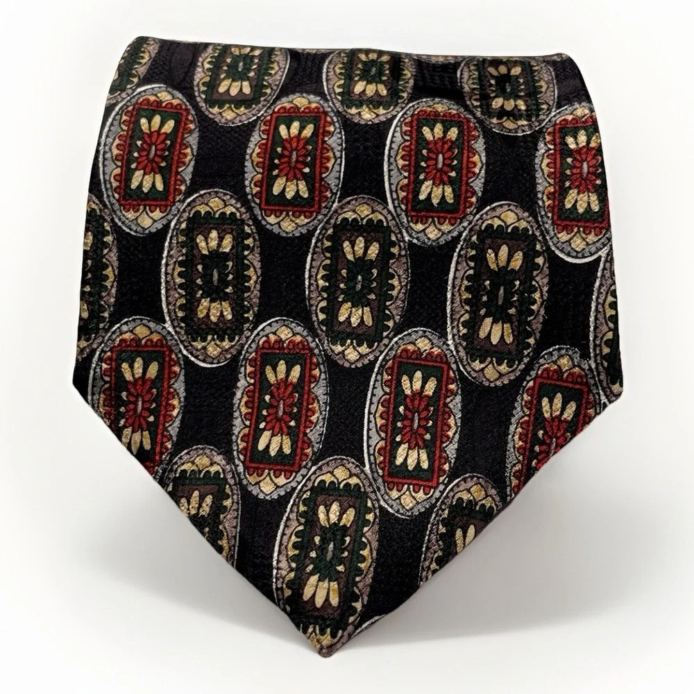 Vintage Oscar‎ de la Renta Tie Geometric Pattern Black 100% Silk Business Formal